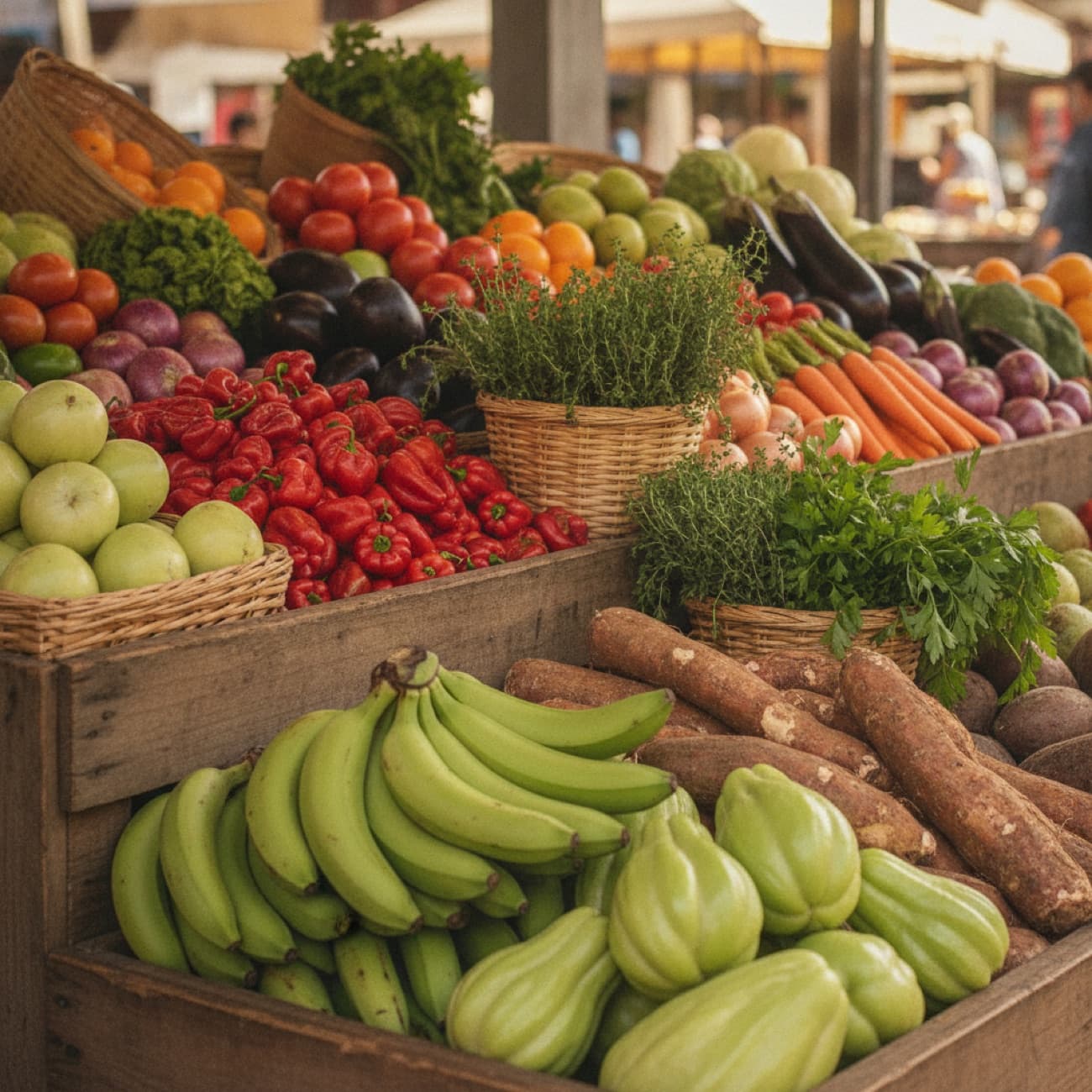 Étalage de légumes et produits frais antillais